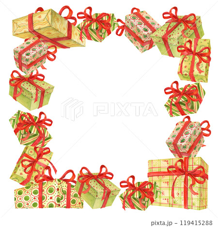 Festive frame or background with different gift boxes wrapped in colorful paper with red ribbons and bows. Watercolor hand drawn template for postcards or covers with empty place for text in center 119415288