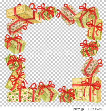 Festive frame or background with different gift boxes wrapped in colorful paper with red ribbons and bows. Watercolor hand drawn template for postcards or covers with empty place for text in center 119415288