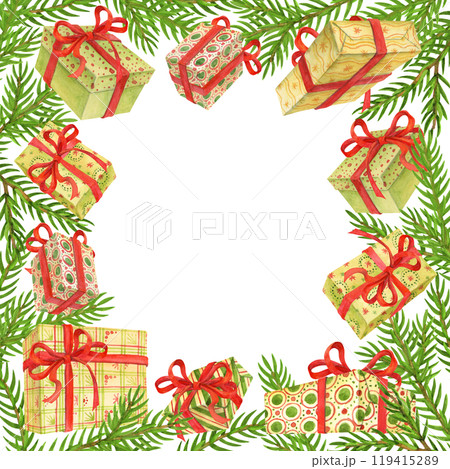 Celebration background frame template with gift boxes decorated by red ribbons on coniferous branches background. Watercolor composition for cards, posters and covers with empty space for text 119415289
