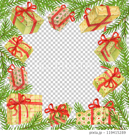 Celebration background frame template with gift boxes decorated by red ribbons on coniferous branches background. Watercolor composition for cards, posters and covers with empty space for text 119415289