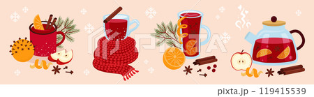 Mulled wine. Set of vector illustrations. Winter hot drink, orange, spices. Glass, mug, teapot. Compositions of cute design elements. Mulled wine. Set of vector illustrations. Winter hot drink, orange, spices. Glass, mug, teapot. Compositions of cute design elements. 119415539