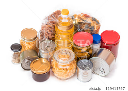 Food Reserves: Canned Food, Spaghetti, Pate, Tuna, Tomato Juice, Pasta, Fish and Grocery - Isolated Food Reserves: Canned Food, Spaghetti, Pate, Tuna, Tomato Juice, Pasta, Fish and Grocery - Isolated 119415767