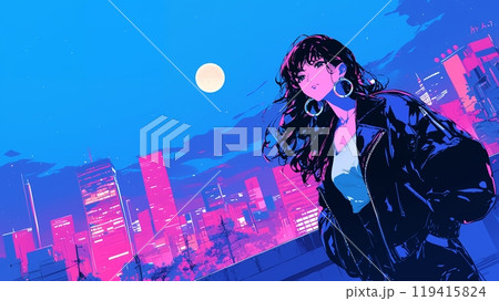 夜の街にいるおしゃれなアニメ風の女の子 119415824