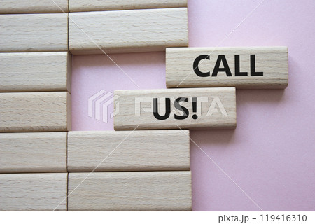 Call Us symbol. Wooden blocks with words Call Us. Beautiful pink background. Business and Call Us concept. Copy space. Call Us symbol. Wooden blocks with words Call Us. Beautiful pink background. Business and Call Us concept. Copy space. 119416310