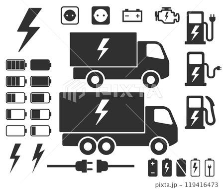 Electric truck vector icon symbol set. truck, van, charge station, plug, eco power, transport, logistics, green energy. E truck logo sign. Vector illustration image. Isolated on white background. 119416473