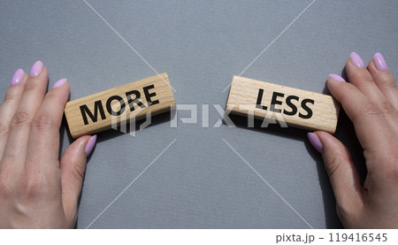 More or Less symbol. Concept word More or Less on wooden blocks. Businessman hand. Beautiful grey background. Business and More or Less concept. Copy space 119416545