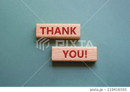 Thank you symbol. Wooden blocks with words Thank you. Beautiful grey green background. Business and Thank you concept. Copy space. 119416583