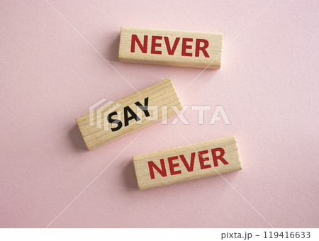 Never say Never symbol. Concept words Never say Never on wooden blocks. Beautiful pink background. Business and Never say Never concept. Copy space Never say Never symbol. Concept words Never say Never on wooden blocks. Beautiful pink background. Business and Never say Never concept. Copy space 119416633