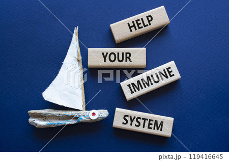 Immune System symbol. Wooden blocks with words Help Your Immune System. Beautiful deep blue background with boat. Medicine and Help Your Immune System concept. Copy space. 119416645