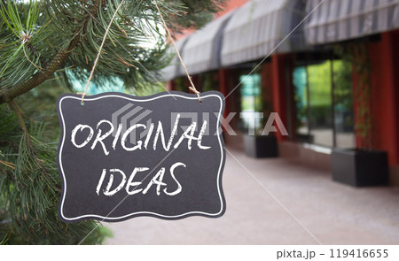 Original ideas symbol. Concept word Original ideas on black chalk blackboard. Beautiful background with shop and tree. Business and Original ideas concept. Copy space Original ideas symbol. Concept word Original ideas on black chalk blackboard. Beautiful background with shop and tree. Business and Original ideas concept. Copy space 119416655