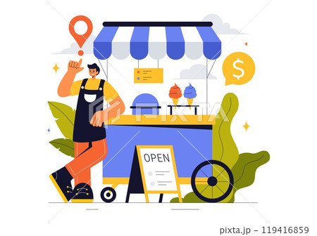 Small Business Vector Illustration Featuring Independent Ventures from Various Sectors Including Thriving Online Store and Food Trucks in a Background Small Business Vector Illustration Featuring Independent Ventures from Various Sectors Including Thriving Online Store and Food Trucks in a Background 119416859