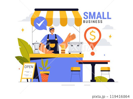 Small Business Vector Illustration Featuring Independent Ventures from Various Sectors Including Thriving Online Store and Food Trucks in a Background 119416864