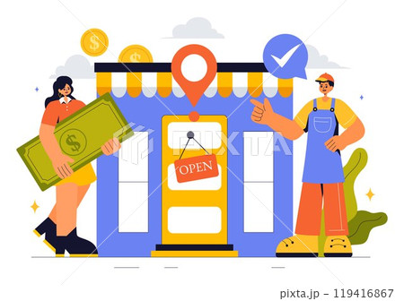 Small Business Vector Illustration Featuring Independent Ventures from Various Sectors Including Thriving Online Store and Food Trucks in a Background 119416867