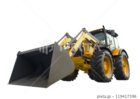 Bulldozer isolate. Construction tractor bulldozer on empty background. Construction machinery and transport 119417396