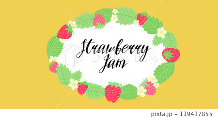 Vibrant strawberry jam label design with a wreath of berries and flowers on a yellow background, perfect for summer preserves. 119417855