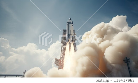 Take-off of space rocket at test site. Cosmodrome and launch of the spacecraft. Science and technology. Take-off of space rocket at test site. Cosmodrome and launch of the spacecraft. Science and technology. 119417965