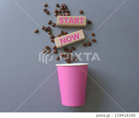Start here symbol. Wooden blocks with words Start here Beautiful grey background with coffee cup and coffee beans. Business and Start here concept. Copy space. Start here symbol. Wooden blocks with words Start here Beautiful grey background with coffee cup and coffee beans. Business and Start here concept. Copy space. 119418100