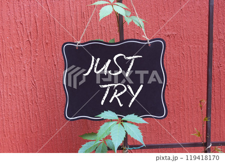 Just try symbol. Concept words Just try on black chalk background. Beautiful red background. Business and Just Try concept. Copy space. 119418170