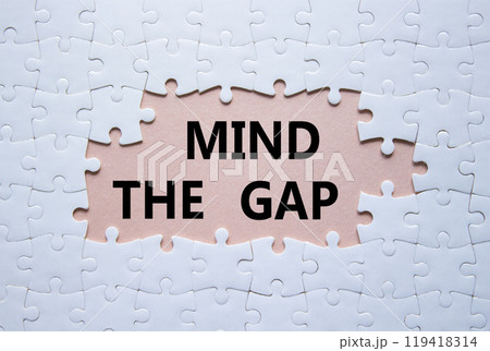 Mind the gap symbol. Concept words Mind the gap on white puzzle. Beautiful pink background with succulent plant. Business and Mind the gap concept. Copy space. 119418314