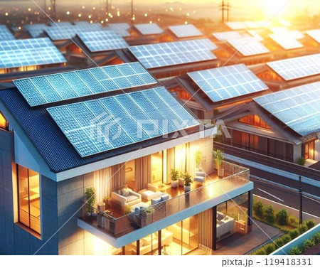 多数のソーラーパネルを設置した住宅街 119418331