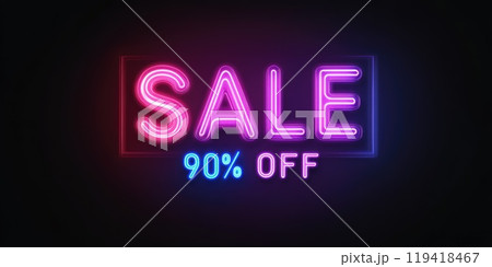 Neon sale sign 90 percent off promotion on black background 119418467
