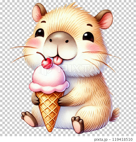 Cute animal enjoying an ice cream cone with a cheerful expression. 119418510