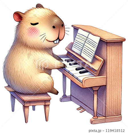 Cute animal playing piano, whimsical illustration, white isolated background 119418512