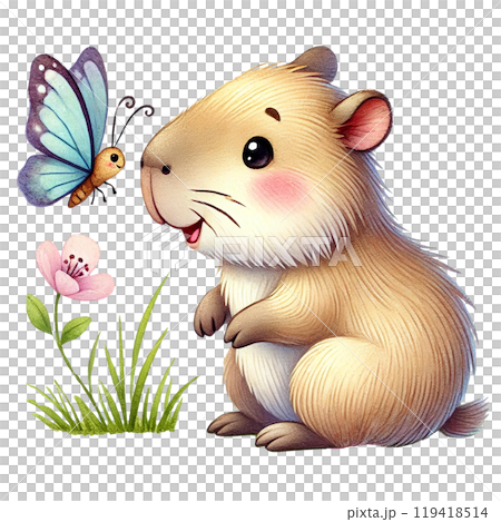 Cute animal with butterfly and flower in an isolated background. 119418514