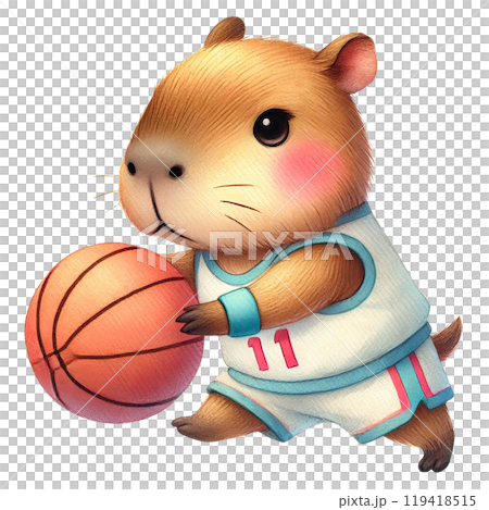 Cute capybara playing basketball on a white isolated background. Cute capybara playing basketball on a white isolated background. 119418515