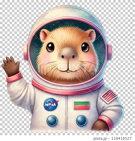 Cute guinea pig astronaut waving, colorful illustration, white isolated background. 119418527