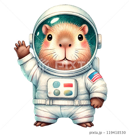 Cute guinea pig in an astronaut suit, waving, white isolated background 119418530