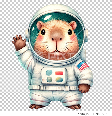Cute guinea pig in an astronaut suit, waving, white isolated background 119418530