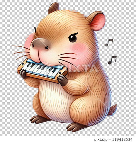 Cute hamster playing a melodica with a joyful expression. 119418534