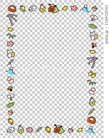 手繪日式框架，帶有可愛的新年人物，垂直 119418541