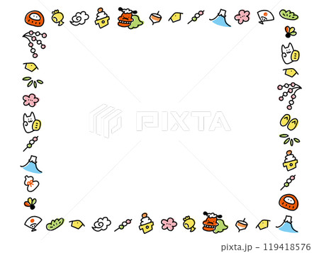 手描きの正月のかわいいキャラクター和風フレーム　横長 119418576