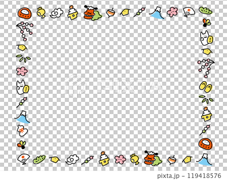 手描きの正月のかわいいキャラクター和風フレーム　横長 119418576