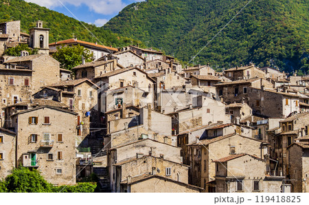 Village of Scanno with typical stone houses, Abruzzo National Park, Italy Village of Scanno with typical stone houses, Abruzzo National Park, Italy 119418825