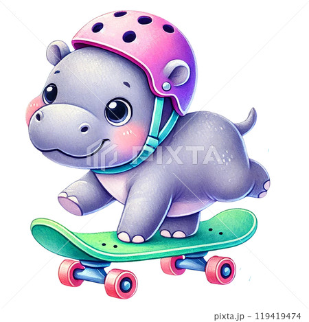 Cute hippo skating with a helmet 119419474