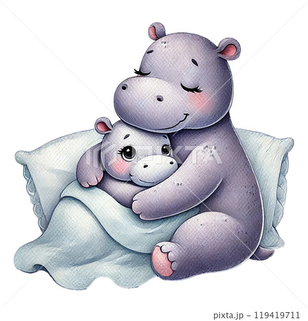 Mother and baby hippo cuddling together 119419711