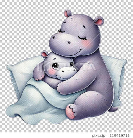 Mother and baby hippo cuddling together 119419711