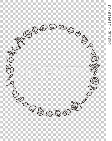 Hand-drawn cute New Year's character line drawing Japanese style frame circular monochrome Hand-drawn cute New Year's character line drawing Japanese style frame circular monochrome 119419733