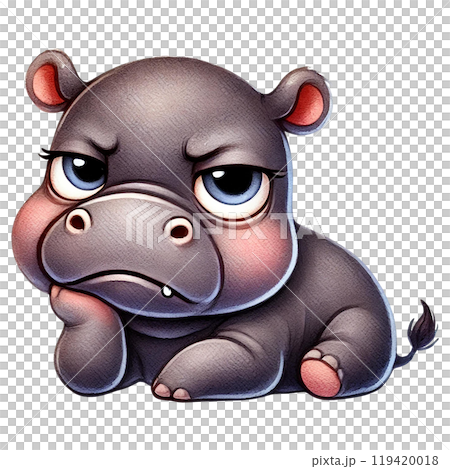 Cute cartoon hippo laying down with a disgruntled expression. Cute cartoon hippo laying down with a disgruntled expression. 119420018