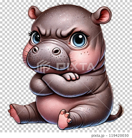 Cute cartoon hippo with an angry expression, white isolate background 119420030