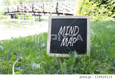 Mind Map symbol. Concept word Mind Map on black chalk background. Beautiful meadow background with bridge. Business and Mind Map concept. Copy space Mind Map symbol. Concept word Mind Map on black chalk background. Beautiful meadow background with bridge. Business and Mind Map concept. Copy space 119420113