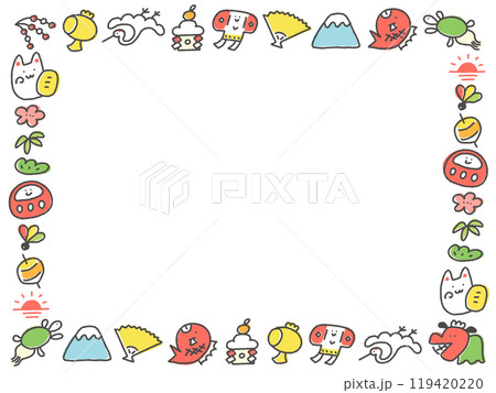 手描きの正月のかわいいキャラクター和風フレーム 横長 手描きの正月のかわいいキャラクター和風フレーム 横長 119420220