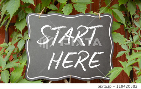 Start Here symbol. Concept word Start Here on black chalk blackboard. Beautiful red background with plants. Business and Start Here concept. Copy space Start Here symbol. Concept word Start Here on black chalk blackboard. Beautiful red background with plants. Business and Start Here concept. Copy space 119420382
