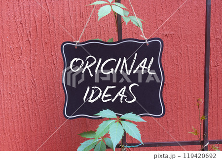 Original ideas symbol. Concept word Original ideas on black chalk blackboard. Beautiful red background. Business and Original ideas concept. Copy space Original ideas symbol. Concept word Original ideas on black chalk blackboard. Beautiful red background. Business and Original ideas concept. Copy space 119420692
