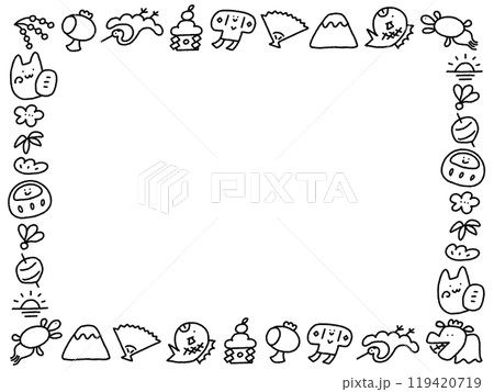 手描きの正月のかわいいキャラクター線画和風フレーム　横長　モノクロ 119420719