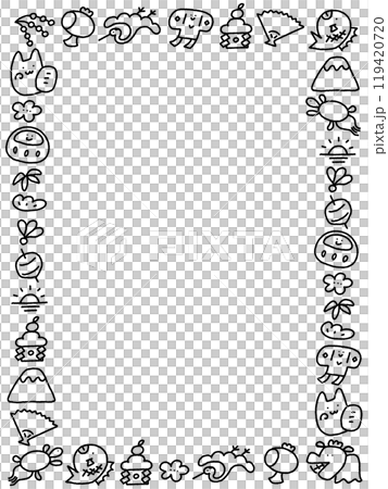 Hand-drawn cute New Year's character line drawing Japanese style frame, horizontal, monochrome Hand-drawn cute New Year's character line drawing Japanese style frame, horizontal, monochrome 119420720