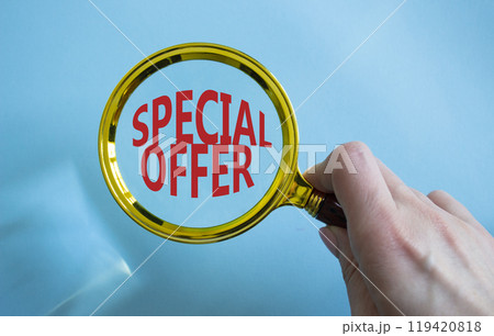 Special offer symbol. Concept word Special offer on wooden blocks. Businessman hand. Beautiful blue background. Business and Special offer concept. Copy space Special offer symbol. Concept word Special offer on wooden blocks. Businessman hand. Beautiful blue background. Business and Special offer concept. Copy space 119420818